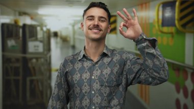 Yolcu teknesi koridorundaki genç adam neşeli bir gülümsemeyle iyi bir jest yapıyor, deniz yolculuğu sırasında rahatlama gösterisi yapıyor..