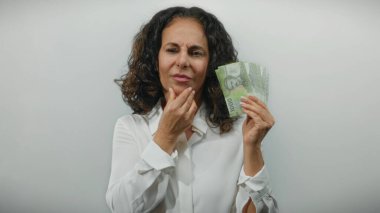 Orta yaşlı kadın elinde Şili pezosu olan beyaz bir arkaplan karşısında düşünceli bir jest yapıyor, finansal kararları ve fikirleri sembolize ediyor.