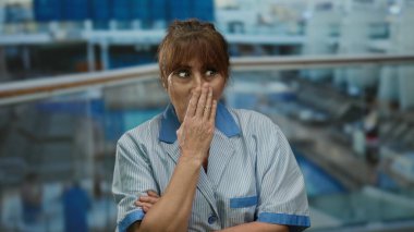 Yolcu gemisindeki temizlikçi kadın şaşırmış görünüyor. Üniformalı, açık havada, ispanyol kökenli, orta yaşlı, arka planda okyanus, kıdemli..
