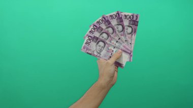 Beyaz adam Filipin pesolarını canlı yeşil duvarın üzerinde tutuyor, izole edilmiş arka plana karşı canlı para birimini vurguluyor..