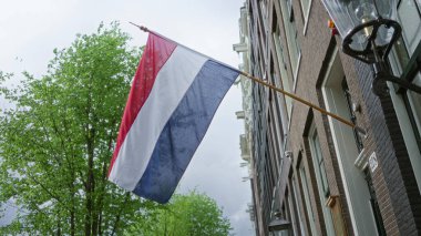 Hollanda bayrağı, bulutlu bir gökyüzünün altında yemyeşil ağaçlarla dolu tarihi bir bina cephesine karşı dalgalanıyor ve klasik bir Avrupa ortamında kentsel cazibe sergiliyor..
