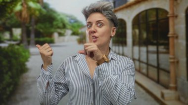 Çizgili gömlekli kadın, başparmağını binanın dış tarafına doğru uzatarak rahat bir duruş sergiliyor..