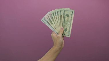 Beyaz adamın eli, Amerikan doları banknotlarının hayranını pembe arka planda tutarak zenginliği ve finansmanı simgeliyor..