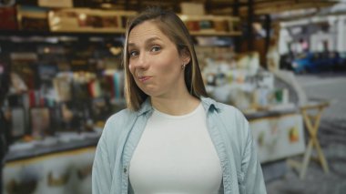 Neşeli bir ifadeye sahip bir kadın hareketli bir açık hava pazarında duruyor, canlı sokak manzaraları ve canlı bir şehirde vitrinlerle çevrili..