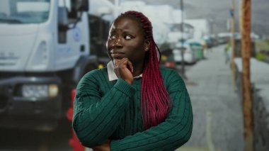 Şehir merkezindeki bir kamyonun yanında pembe örgülü bir kadın yeşil bir kazak giyiyor ve düşünceli bir ifade sergiliyor..