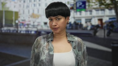 Meşgul şehir caddesinde yüzünü gizleyen kadın korku ya da utangaçlık duygularını yansıtıyor. Ruh halinin altını çizen bir kentsel zemin oluşturuyor..