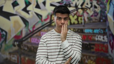 Şehirli bir sokakta çizgili bir tişört giymiş endişeli bir genç, endişeli bir ifade sergiliyor, şehir dışı çevresiyle çelişiyor..