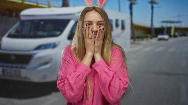 Pembe tişörtlü, tavşan kulaklı bir kadın kampçının yanında durmuş neşeli bir ifade sergiliyor.