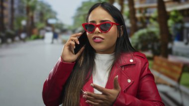 Bir kadın, sokakta bir bankın yanında kızgın hissederken telefonu tutuyor. Genç Latin asıllı bir kadın dışarıda telefon ve sohbet için bekliyor..