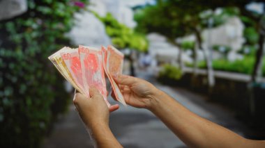 Açık şehir parkı ortamında Filipinli pesoları tutan adam manzaralı şehir sokak geçmişine sahip yatırım ve iş fırsatlarını resmediyor..