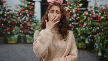 Pembe kulaklı bir kadın, şehir merkezindeki bir bayram gününde çalılarla dışarıda dikiliyor.