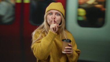 Sarı kazaklı ve bereli bir kadın, arka planı bulanık, kapalı bir tren istasyonunda kahve içerken sessizlik için el kol hareketi yapıyor..
