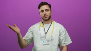 Elinde steteskop olan genç erkek doktor, beyaz önlük giyerek izole edilmiş pembe arka planı inceliyor..