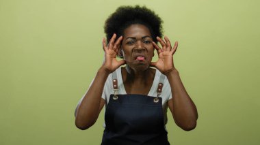 Mavi önlük giymiş bir kadın sarı arka planda değişik ifadeler takınıyor, hareketleriyle ve yüz ifadeleriyle neşeli enerji aktarıyor, yaratıcılığını vurguluyor..