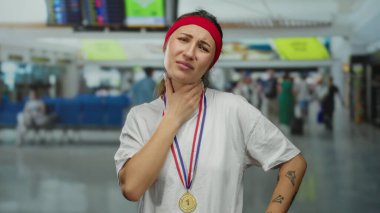 Havaalanında madalya ve saç bandı takan bir kadın. Bulanık gezginler ve oturma yerlerinden rahatsızlığını gösteriyor. Seyahat yorgunluğunu ve kendini kötü hissetmesini öneriyor..