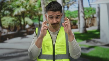 Yansıtıcı yelek giymiş genç bir adam parkta ağaçların kesiştiği bir yerde duruyor. Açık hava ortamında umutlu ve kararlı görünüyor..