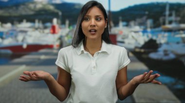 Sahilde, arka planda güneşli gökyüzünün altında teknelerle el kol gezen, açık havada duygularını ifade eden, beyaz gömlek giyen, genç ve İspanyol bir kadın..