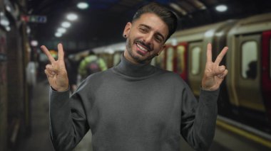 Gri balıkçı yaka kazaklı gülümseyen İspanyol adam tren istasyonunda iki eliyle iki barış işareti gösteriyor. İyimserlik..