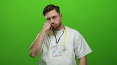 Önlüklü ve steteskoplu sakallı genç bir doktor izole edilmiş yeşil duvarlara karşı düşünceli ya da yorgun görünüyor..