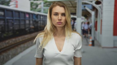 Açık hava tren istasyonunda duran, sarı saçlı, beyaz tişörtlü, hareketli bir tren istasyonunda seyahat ve günlük hayatın özünü yakalayan bir kadın..