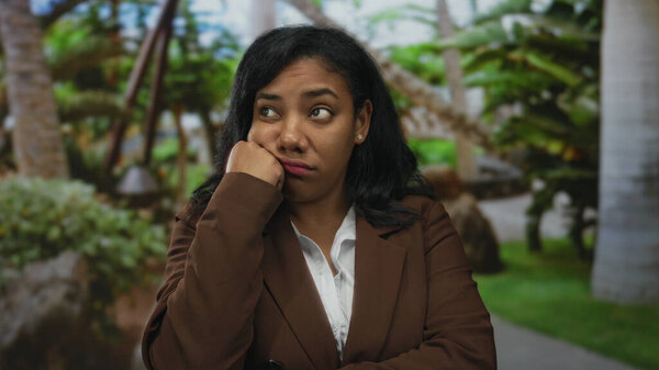 Молодая африканская американская женщина отдыхает щека на руку в городском парке с пальмами; скука отражение.