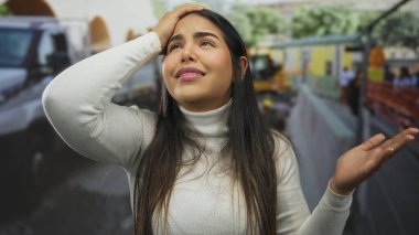 Dışarıda uzun saçlı bir kadın. Arka planda araçları ve binaları olan bir sokakta hayal kırıklığına uğramış görünüyor..