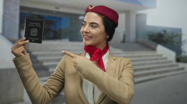 Üniformalı, açık havada gülümseyen, İtalyan pasaportuna işaret eden, profesyonel ve seyahat temaları taşıyan, havayolu ve turizm sektörü için ideal bir kadın..