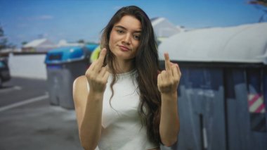 Sokakta geri dönüşüm konteynırının önünde parmak sallayan beyaz elbiseli bir kadın..