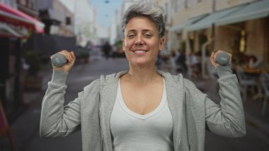 Kadın terasta kollarını kaldırarak dambılı kaldırıyor aktif egzersiz gösteriyor; zindelik özgüveni.