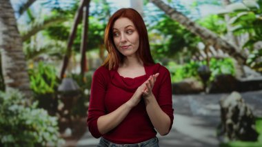 Canlı yeşilliklerle çevrili, kırmızı bir süveter giyen, yemyeşil bir parkta alkışlayan bir kadın, sakin bir açık hava ortamında neşe ve memnuniyeti ifade ediyor..