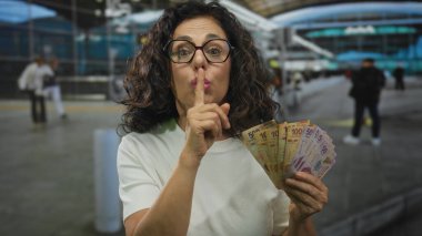 Meksika pezosu tutan orta yaşlı bir İspanyol kadın hareketli bir havaalanı terminalinde sessizlik sinyali veriyor. Seyahat entrikaları ve gizlilik anlarını yakalıyor..