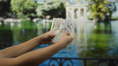 Park ortamında Amerikan banknotlarını elinde tutan adam, açık hava bahçe senaryosunda para sergiliyor canlı yeşillik ve sakin atmosferi olan..