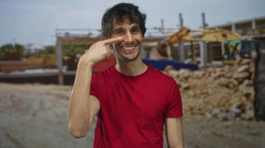 Genç adam gülümsüyor ve bina inşaatında burun buruna; mutluluk iyimserliği memnuniyet.