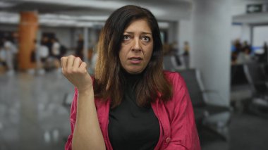 Orta yaşlı İspanyol kadın, modern havaalanı terminalinde tırnak yiyor..