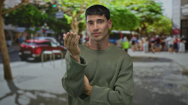 Молодой латиноамериканец в зеленом свитере с рукой на подбородке и рукой сложенный на переполненной городской улице; созерцание.