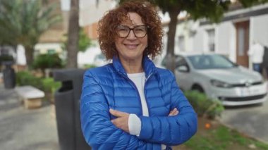 Mavi ceketli, güvenli bir şekilde gülümseyen kadın canlı bir park ortamında kollarını kavuşturarak ağaçlar ve arabalar arasında neşeli, orta yaşlı bir yaşam tarzı sergiliyor..