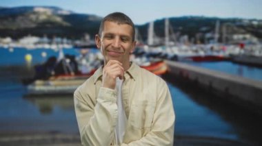 Bulanık tekneleri ve arka planda dağları olan, sakin bir öğleden sonra okyanusun kenarında bej gömlekli, deniz kenarında duran beyaz bir adam..