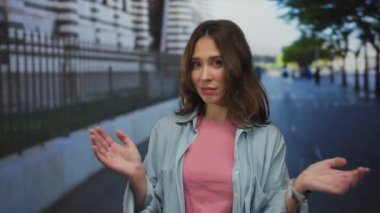 Şehir sokaklarında pembe gömlekli ve kot ceketli bir kadın var. Arka planda güneşli bir günde binalar ve ağaçlar var.