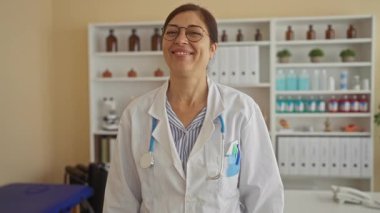 Kadın doktor yüzüyle gülümser ve klinik binasında elleri ve steteskopuyla kalp hareketi yapar..