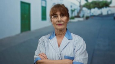 Kendine güvenen, temizlikçi kıdemli İspanyol kadın şehir sokağında silahlarını kuşanmış, açık havada profesyonellik ve saygınlık sergiliyor..