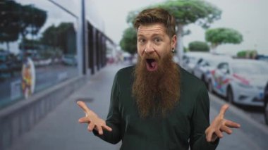 Şehir caddesinde ağzı açık ve avuç içleri açık yeşil tişörtlü genç sakallı adam hareket etti; sürpriz şaşkınlık.