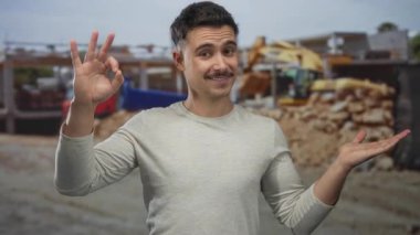 İnşaat alanındaki genç İspanyol adam elleriyle iyi bir jest yapıyor ve makinelerin arasında güvenle gülümsüyor..