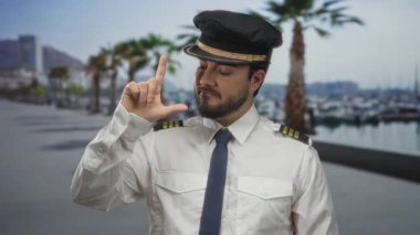 Sakallı ve kaptan şapkalı İspanyol bir adam arka planda güneşli bir gökyüzünün altında görünen gemilerle bir limanda kaybeden işareti yapıyor.