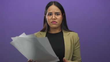 Kadının elinde duvara doğru bakan kağıtlar var. Genç Latin kökenli denek, mor arka planda izole edilmiş. Karışık bir ifade var..