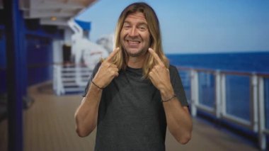 Gezgin güvertesinde sırıtırken uzun saçlı sarışın bir adam görünür dişlere işaret ediyor. Kendine güveni tam..