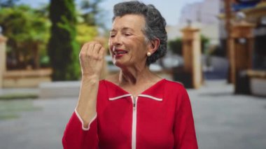 Yaşlı bir kadın, gri saçlı, neşeli bir şekilde eski bir kasaba sokaklarında jest yapıyor, kırmızı bir elbise giyiyor, gülümsüyor, mutluluk ve nostaljiyi somutlaştırıyor büyüleyici bir şehir ortamında.