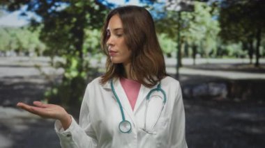 Steteskoplu İspanyol kadın doktor, elleri açık bir şekilde parkta dikiliyor..