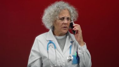 Kıvırcık saçlı kadın doktor telefonda kırmızı arka planda konuşuyor. Steteskop takıyor ve gözlük takıyor. Endişeli görünüyor..