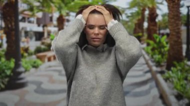 Şehir parkındaki bir kadın yeşil ağaçlarla çevrili ve yürüyüş yolunda yürürken stresli ve gergin gözlerle günlük süveter giyiyor.