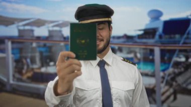 Güney Kore pasaportlu sakallı genç adam yolcu gemisinde kaptan üniforması ve mavi gökyüzünün altında şapka takıyor..